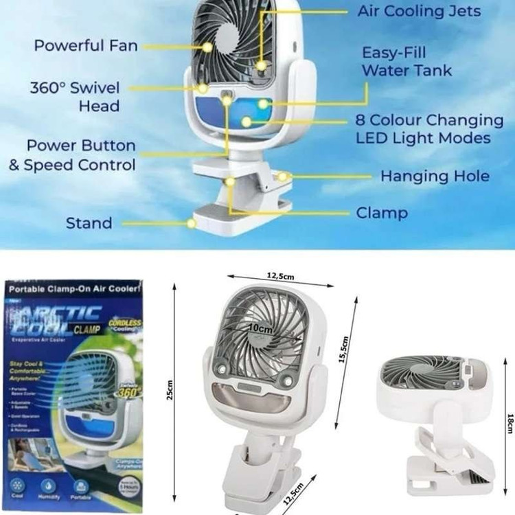 پنکه شارژی Arctic Air Clamp | کولر گیرهای قابلحمل با مهپاش و چرخش 360 درجه